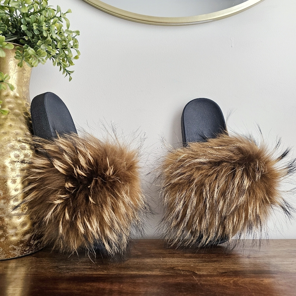 Real Fox Fur Fuzzy Slippers Casual Flip Flop Sandals Furry Slides Fluffy